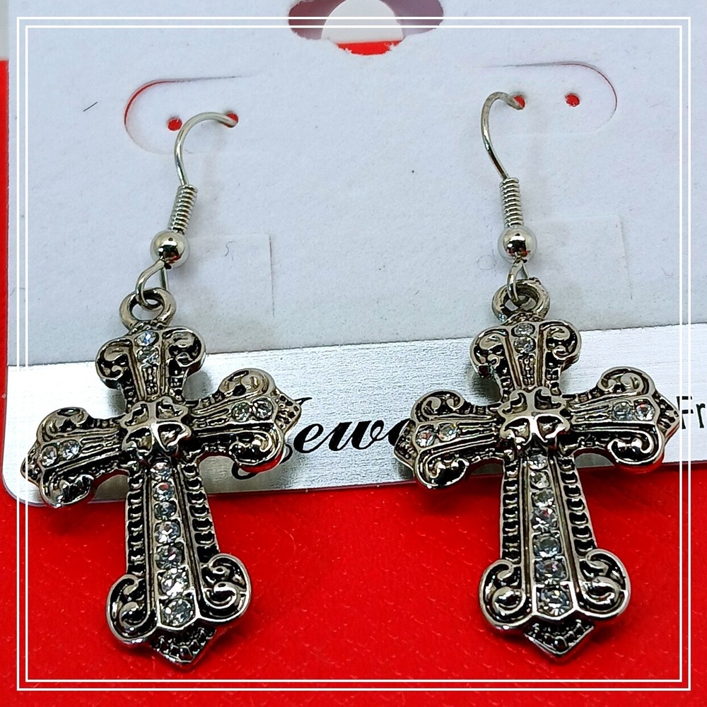 Vintage Silver Rhinestone Ornate Cross‎ Drop Earrings Gothic Religious Statement